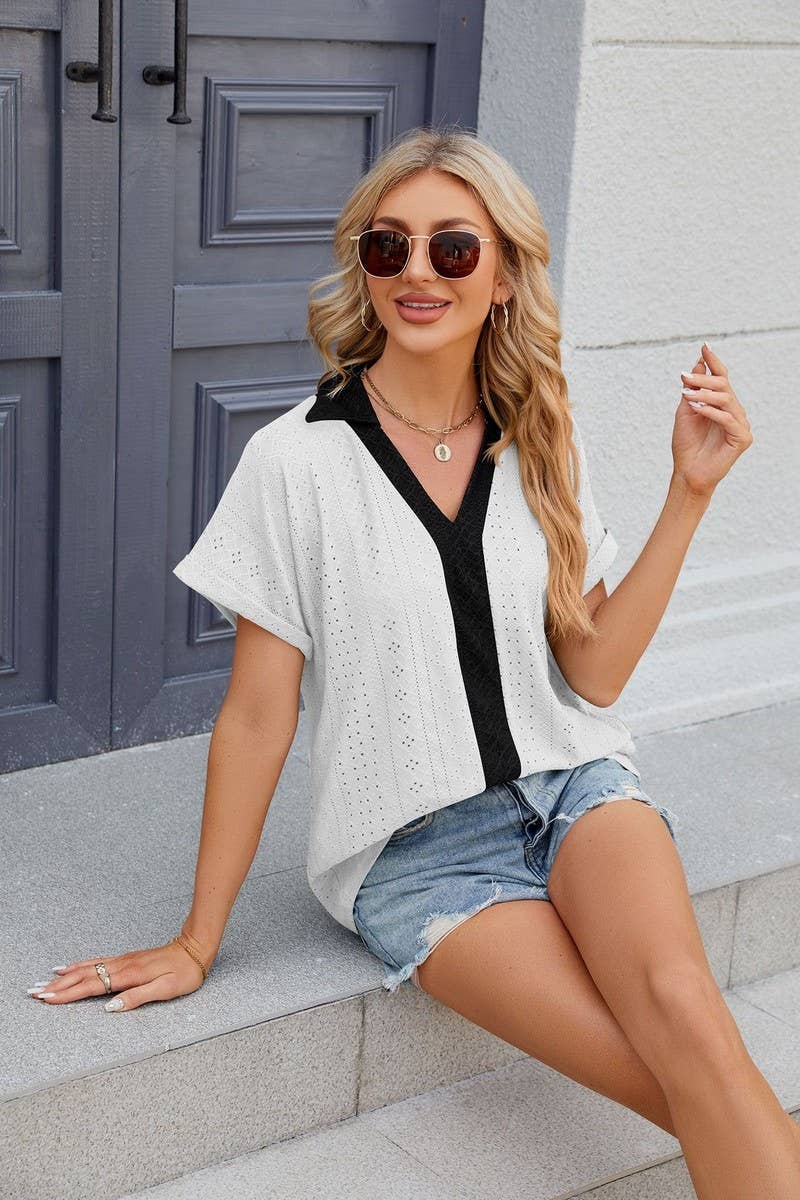 CWTTS0832_V-Neck Short Sleeve Knit Top