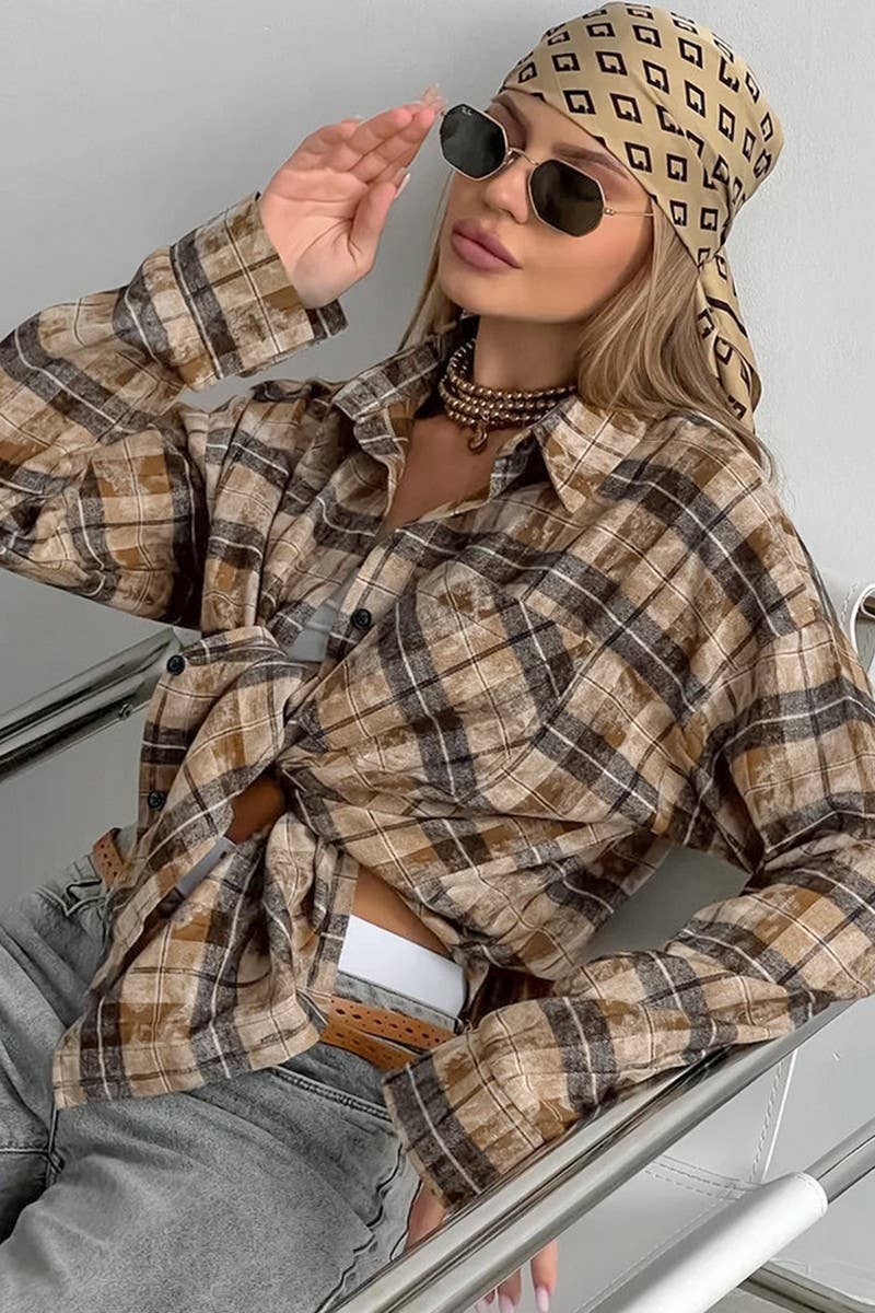 CWTBLL00567_PURE COTTON RETRO SIMPLE PLAID SHIRT TOP