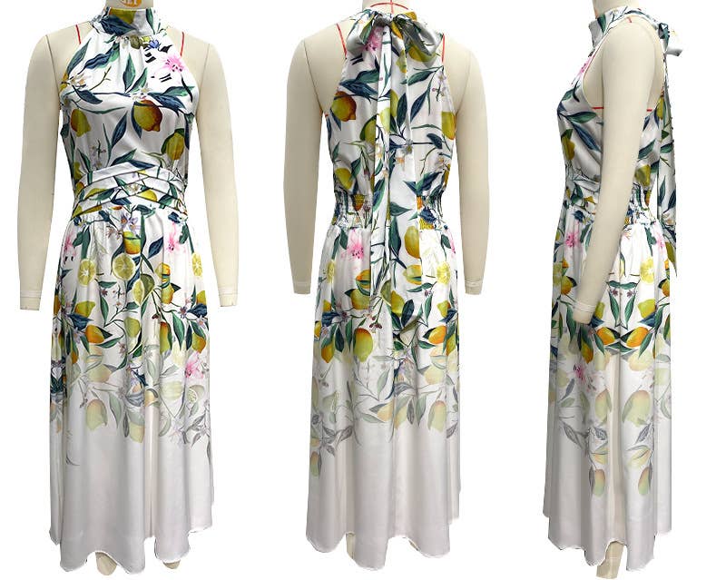 FASHION HALTER PRINT WAIST SLIMMING DRESS