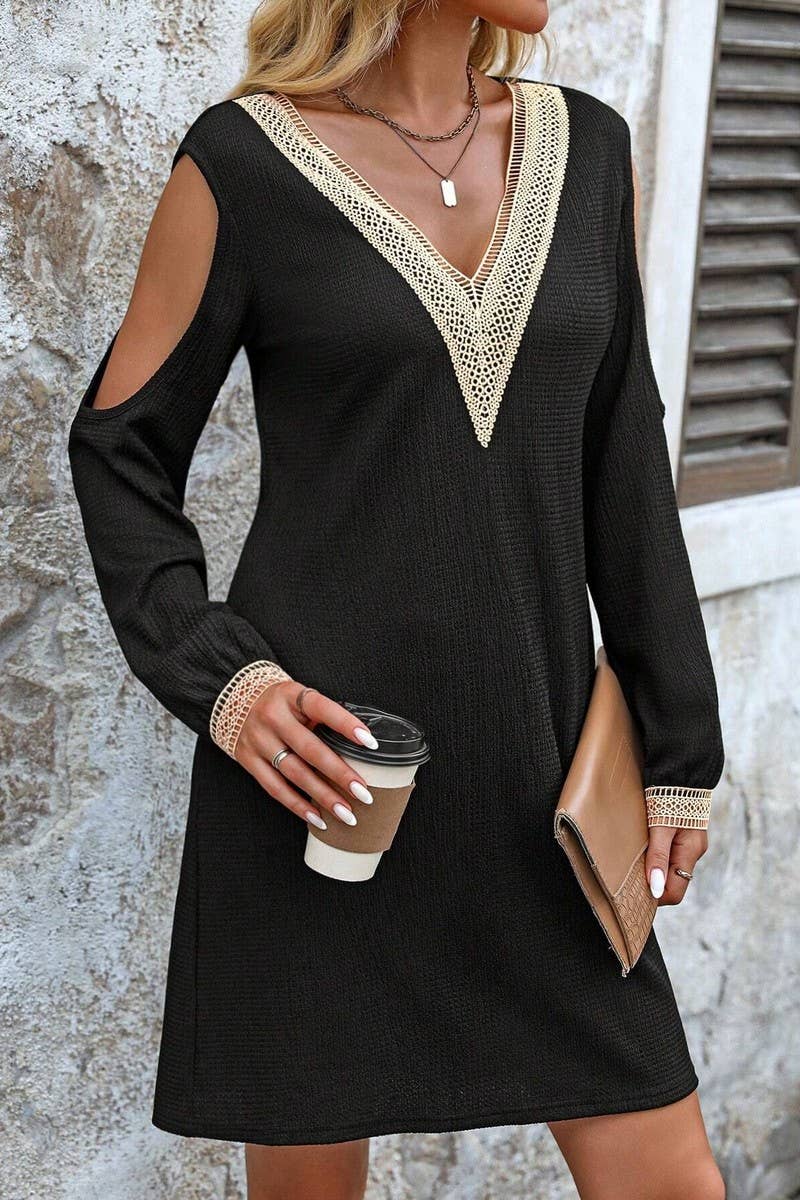CWDSD6936_SOLID COLOR V-NECK LACE HOLLOW LONG SLEEVE DRESS