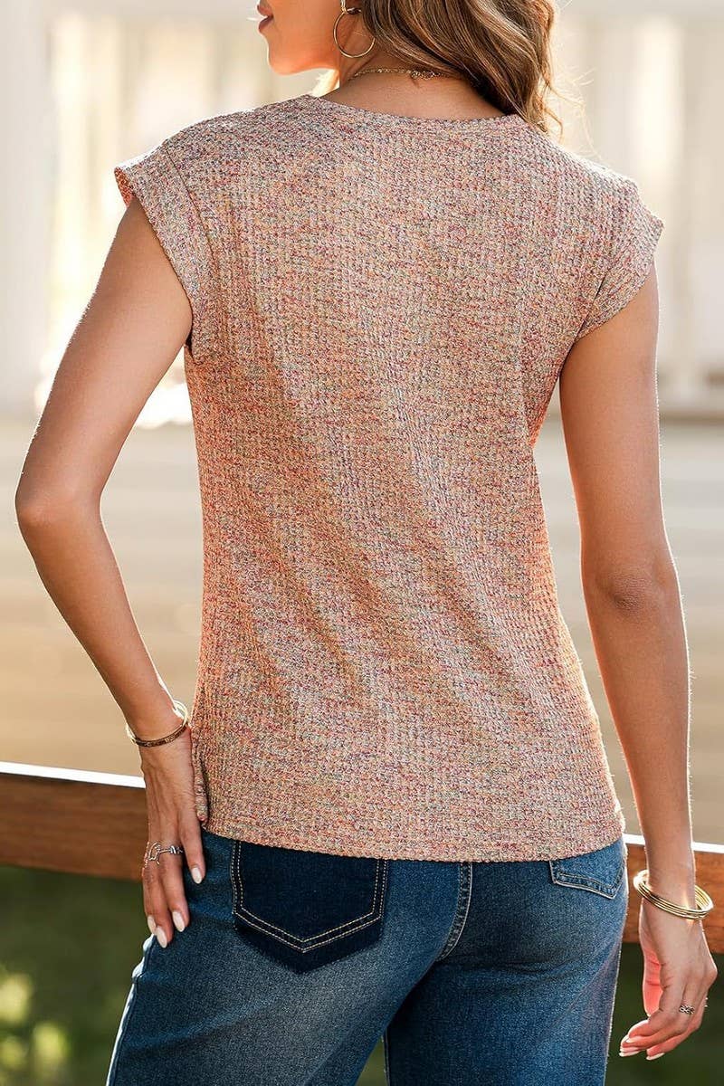 CWTBLS1770_WAFFLE CREW NECK SOLID COLOR SHORT SLEEVE TOP