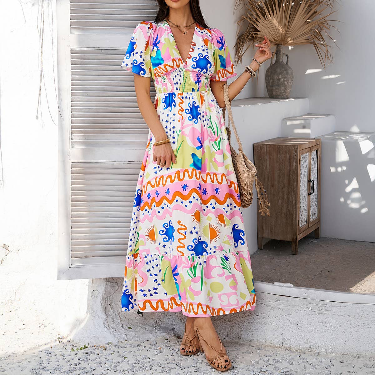 Bohemian Floral V-Neck High-Waist Dress