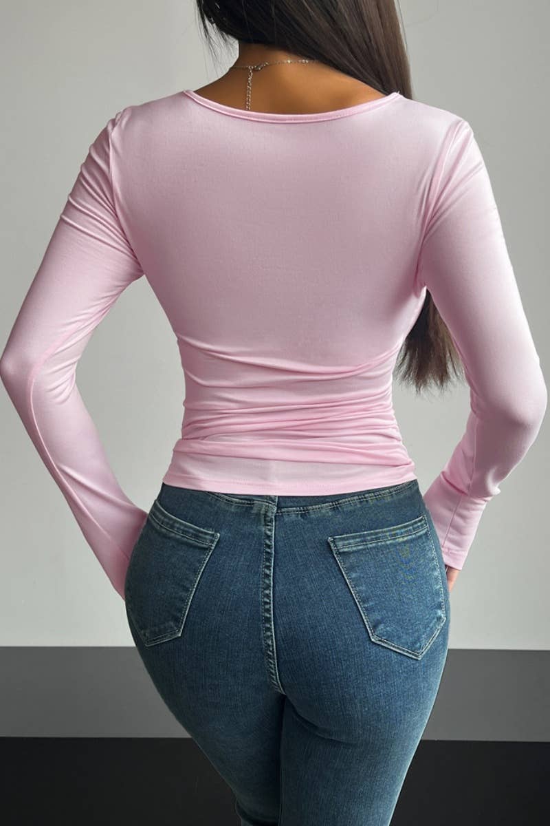 CWTBLL2469_FALL SQUARE NECK SLIM LONG-SLEEVED TOP