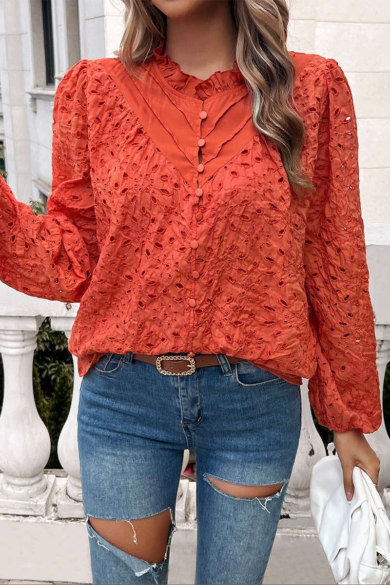 CWTSTL2732_ELEGANT HOLLOW PUFF SLEEVE EMBROIDERED TOP
