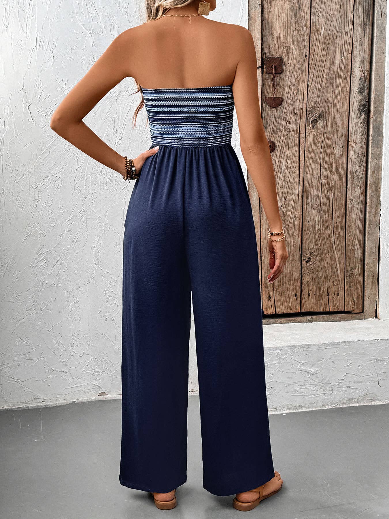 Casual simple elastic patchwork striped jumpsuit
