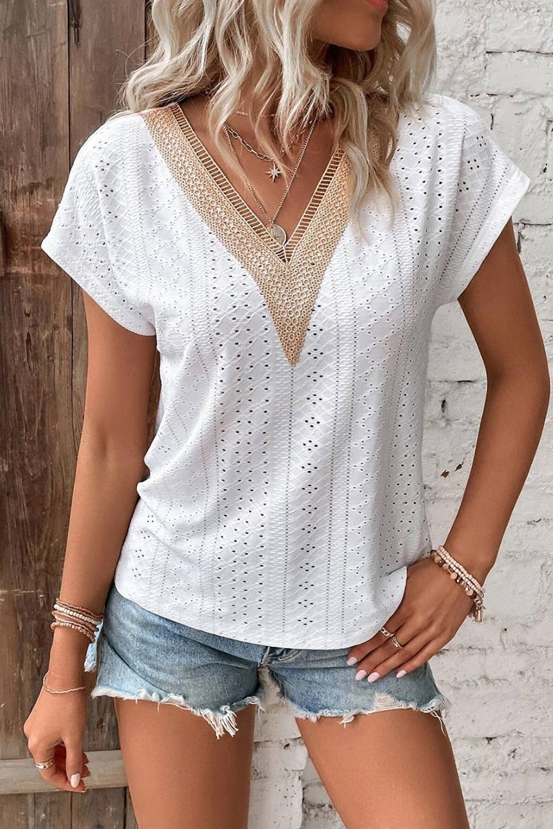 CWTBLS0642_WOMEN'S V-NECK LACE PATCHWORK SHORT-SLEEVED TOP