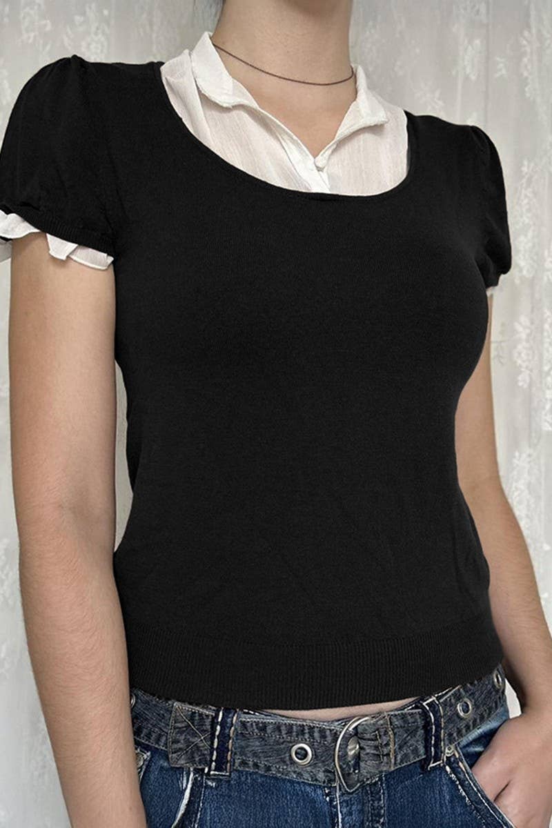 CWTTS00703_HOT GIRL STYLE SOLID COLOR STITCHING SHORT SLEEVE