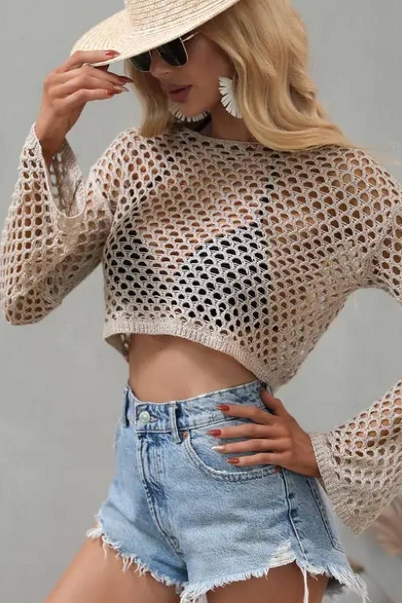 CWTSTSL0109_SPRING AND SUMMER CREW NECK HOLLOW KNIT CARDIGAN