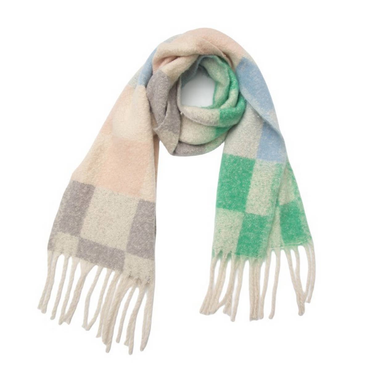 Tassel Circle Yarn Checkered Scarf for Fall/Winter