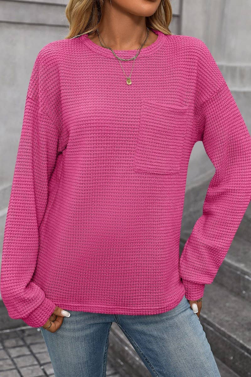 CWTBLL1821_WAFFLE SOLID COLOR ROUND NECK POCKET LOOSE TOP