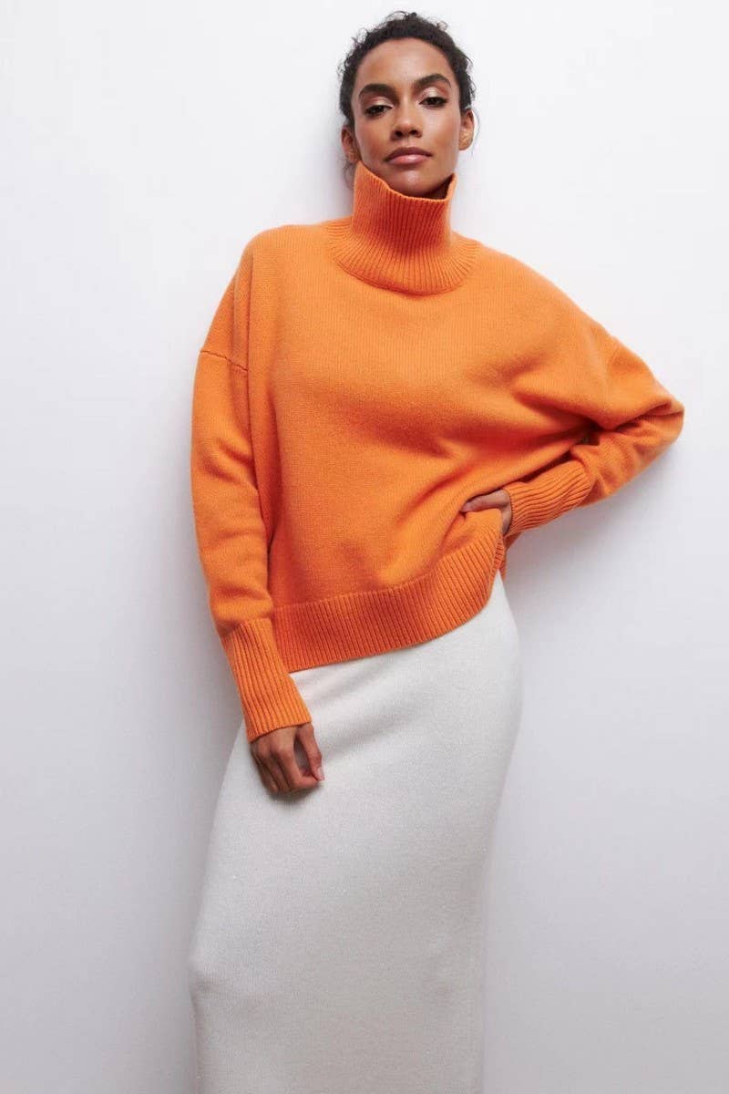 CWOSWL07646_SOLID COLOR LOOSE TURTLENECK KNITTED SWEATER