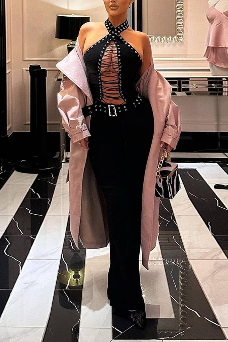 CWSJS1500_SEXY EYELET LACE-UP BODYCON JUMPSUIT