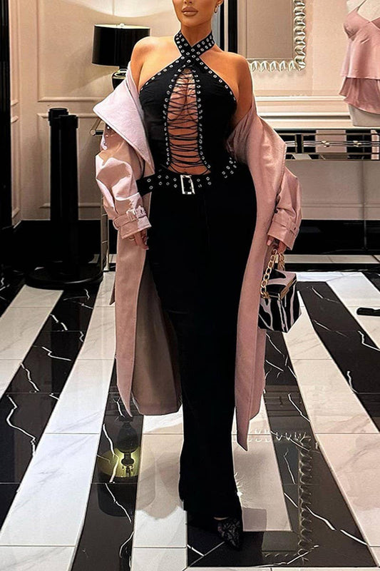 CWSJS1500_SEXY EYELET LACE-UP BODYCON JUMPSUIT