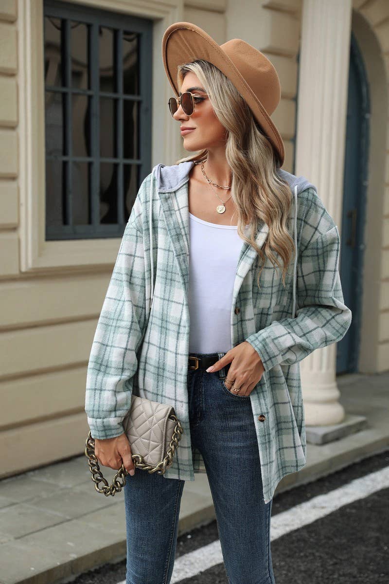 CWOCO0491_HOODED BUTTON-DOWN PLAID LONG-SLEEVED COAT