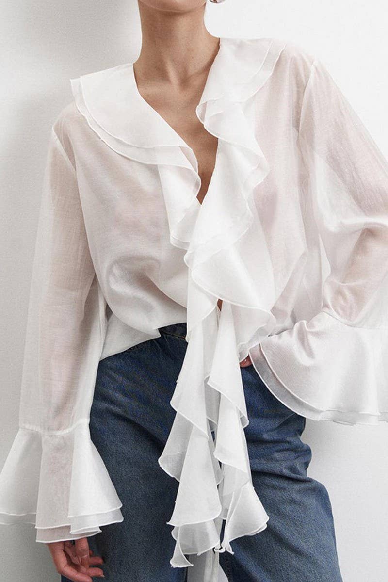 CWTBLL555_SOLID COLOR V-NECK RUFFLED LACE-UP SHIRT