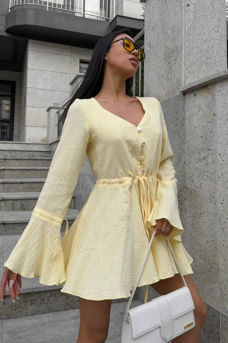 CWSJS1246_DRAWSTRING TRUMPET SLEEVES V-NECK JUMPSUIT