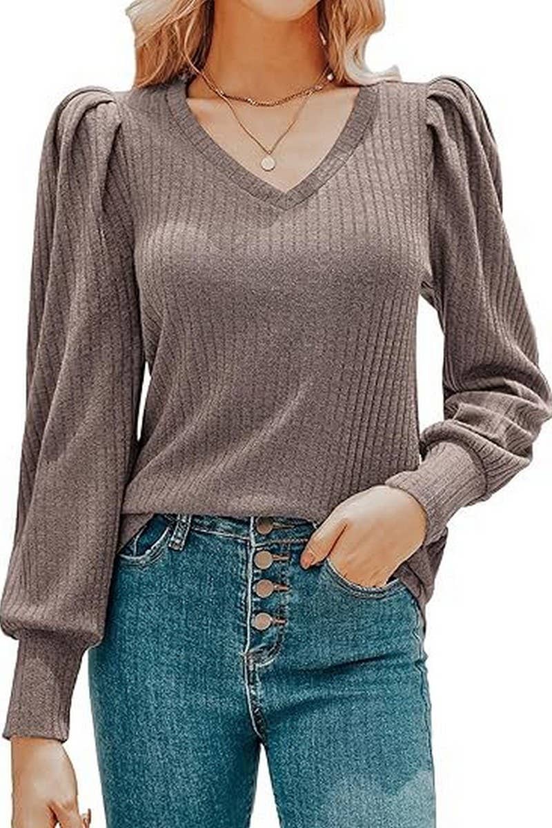 CWTBLL01073_V-NECK LONG-SLEEVED PUFF-SLEEVED TOP