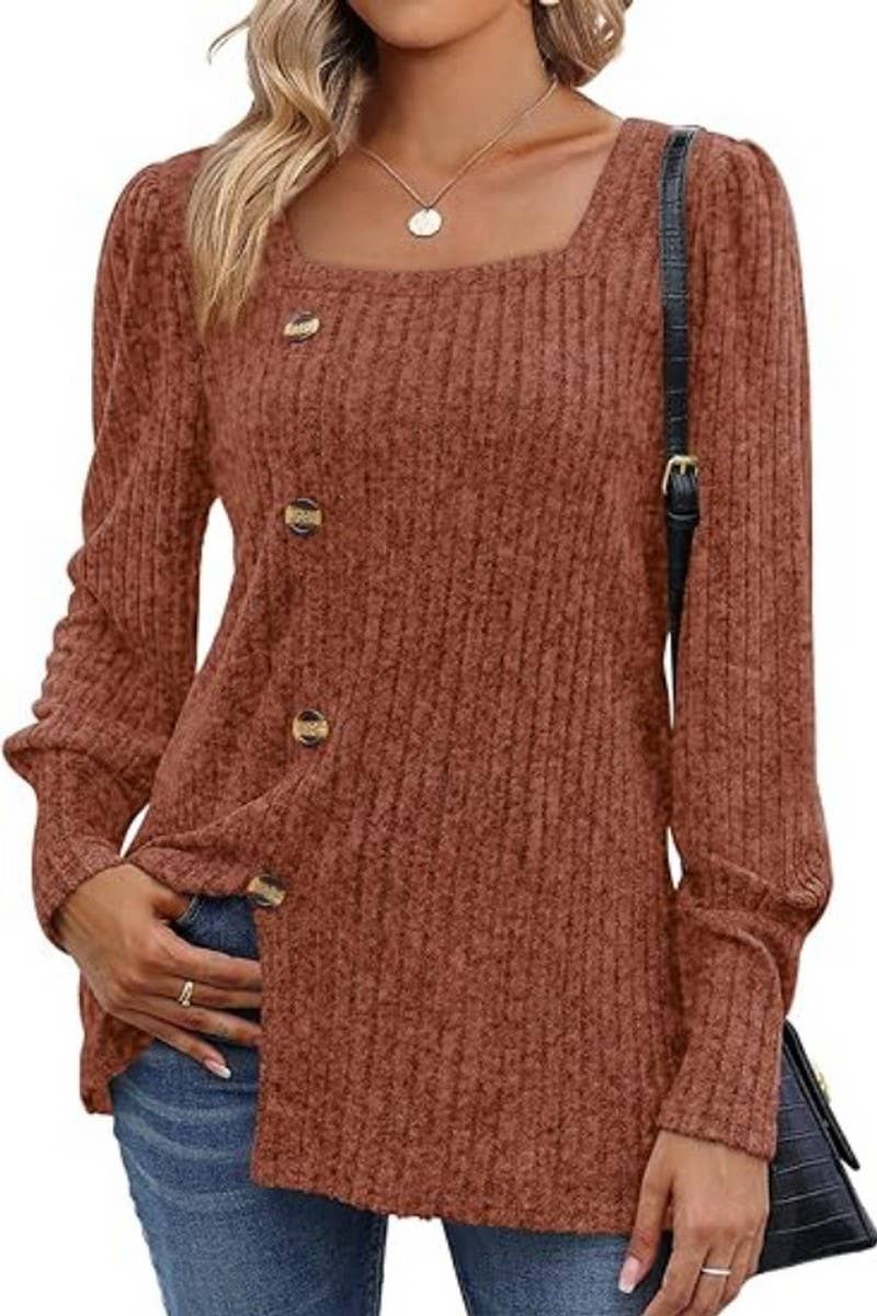 CWTBLL4014_RIBBED SQUARE NECK PUFF SLEEVE SPLIT HEM TOP