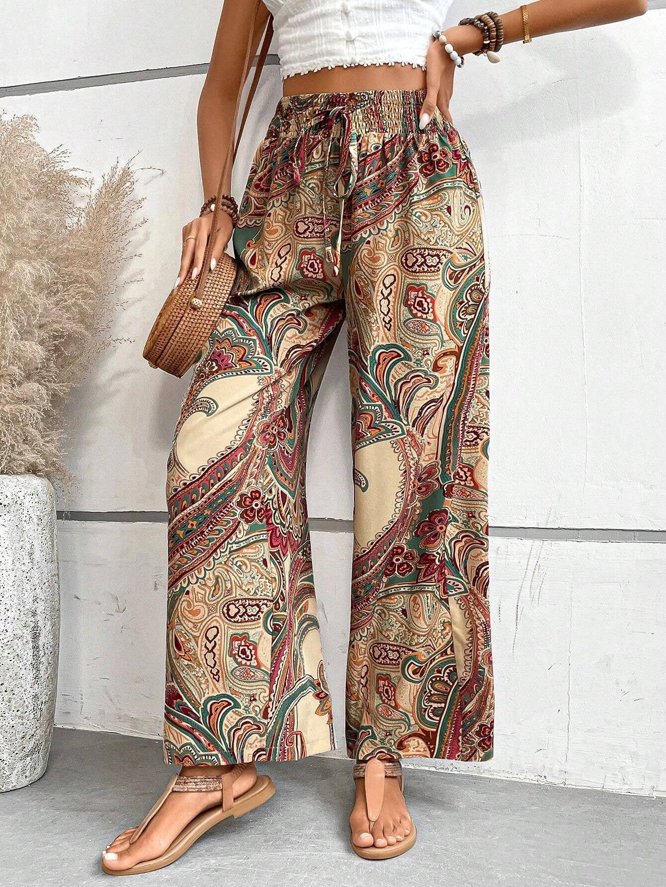 ALL-IN-ONE PRINTED ELASTIC-WAISTED WIDE-LEG PANTS