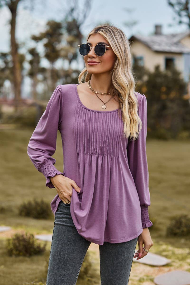 CWTBLL3687_NEW AUTUMN SOLID COLOR ROUND NECK DRAW CUFFS TOP