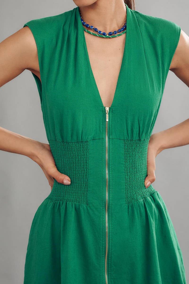 CWDSD8903_SOLID V-NECK ZIP FRONT BODYCON DRESS