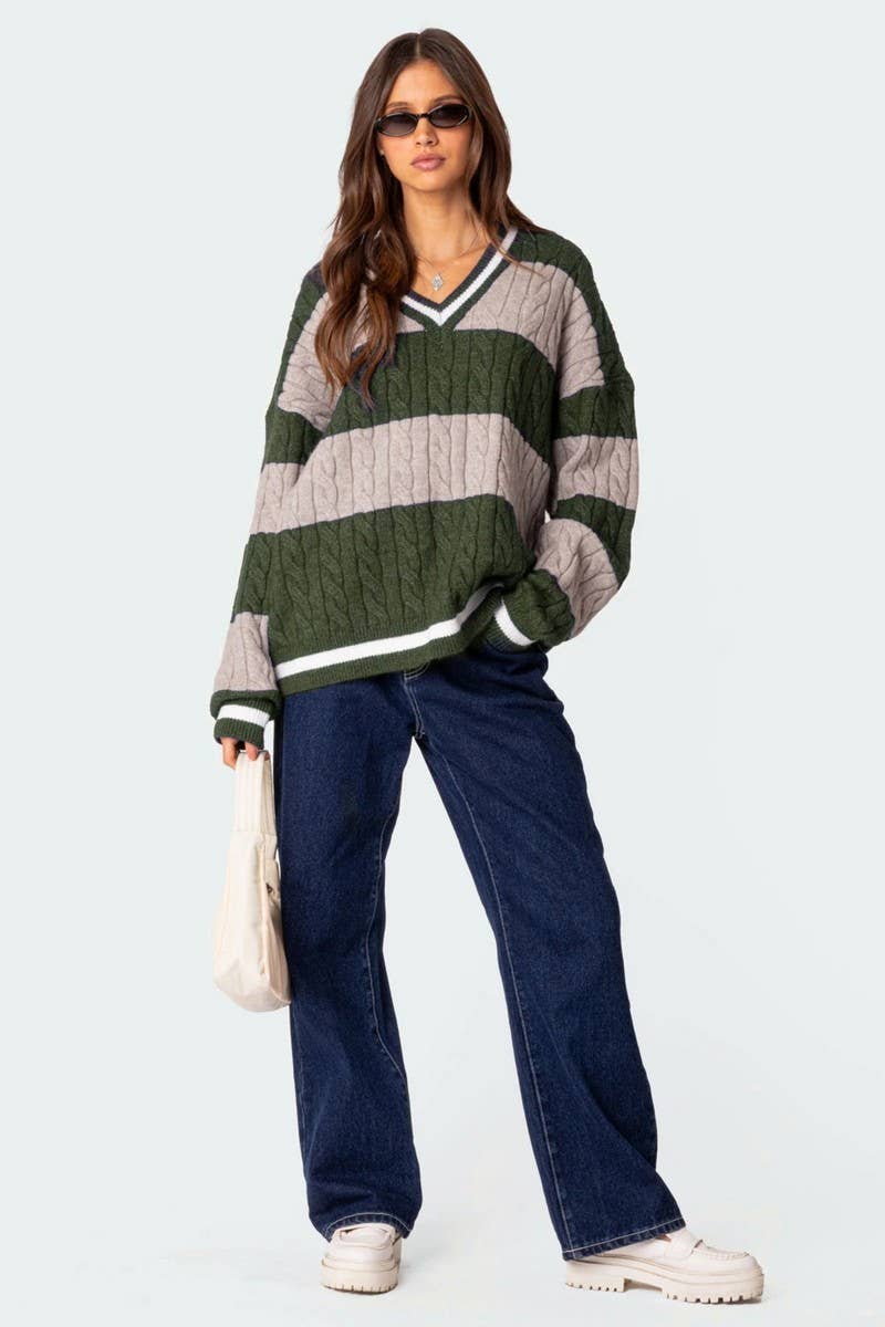 CWOSWL6749_V-NECK STRIPED CONTRAST LOOSE KNIT SWEATER