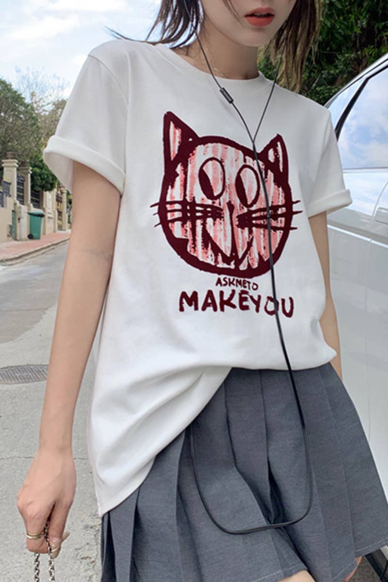 CWTTS1000_FUN CAT WHITE SHORT SLEEVED T SHIRT