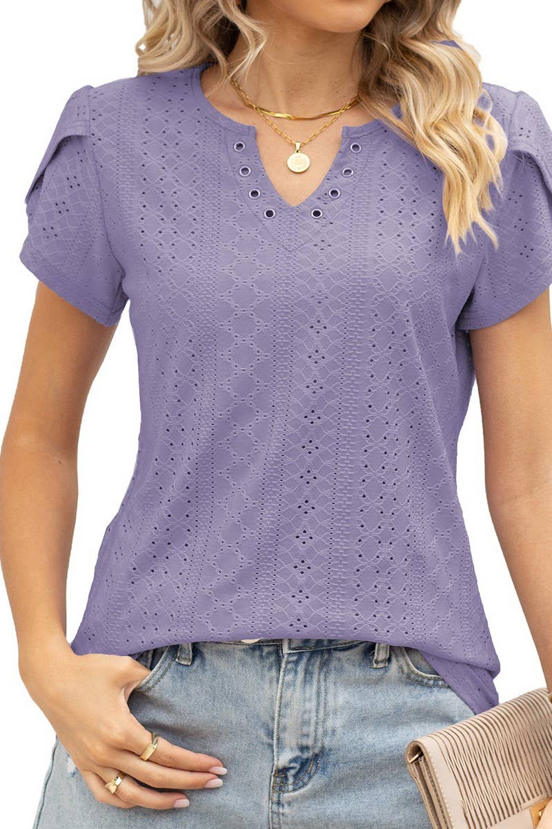 CWTBLS0878_V-NECK BUTTONED CUTOUT LOOSE SHORT-SLEEVED TOP