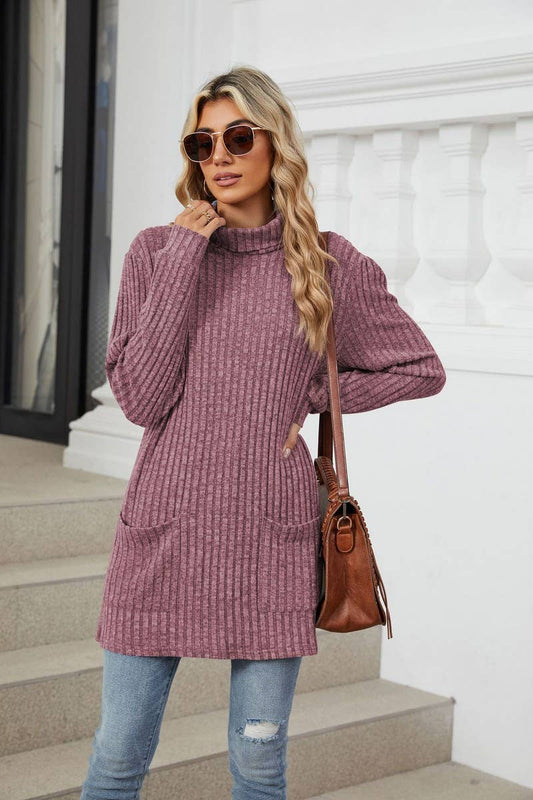 CWTBLL1856_HIGH NECK BRUSHED SOLID LONG SLEEVE POCKET TOP