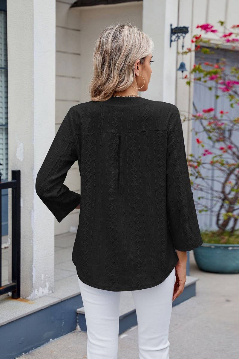 CWTBLS1721_SOLID COLOR V-NECK THREE-QUARTER SLEEVE TOP