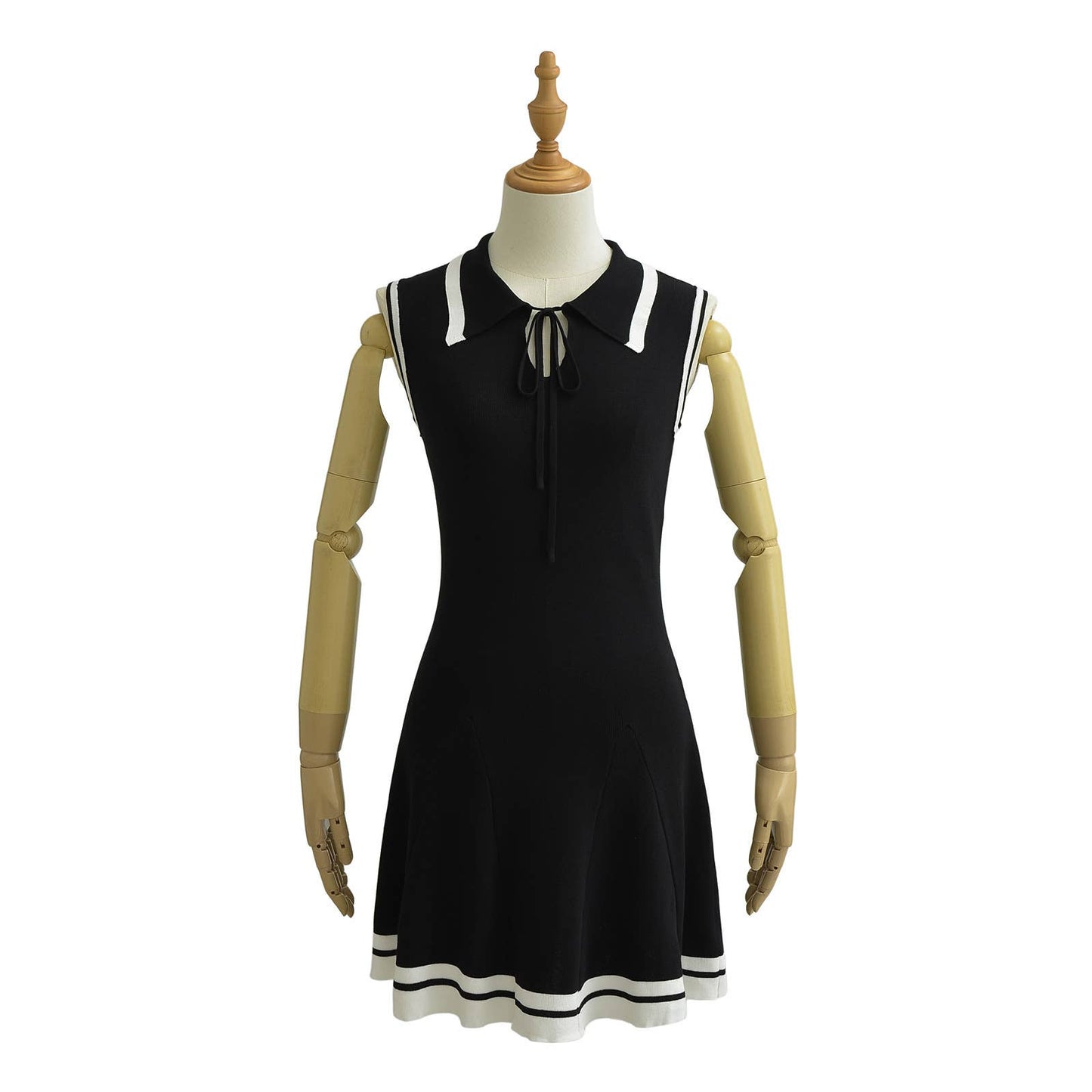 BLACK AND WHITE CONTRAST LAPEL WAIST KNIT DRESS