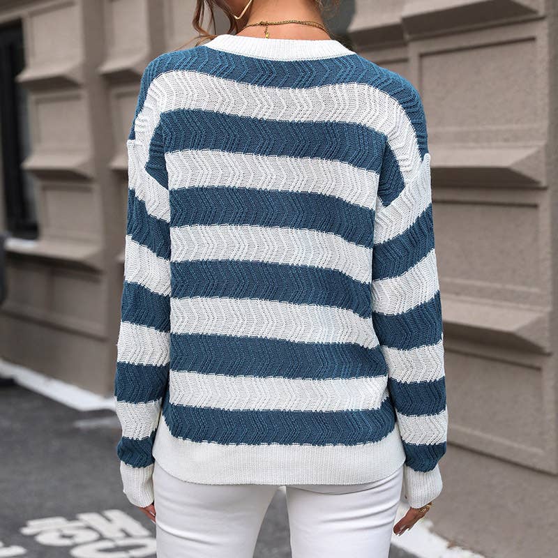 Color-blocking striped round-neck knit sweater