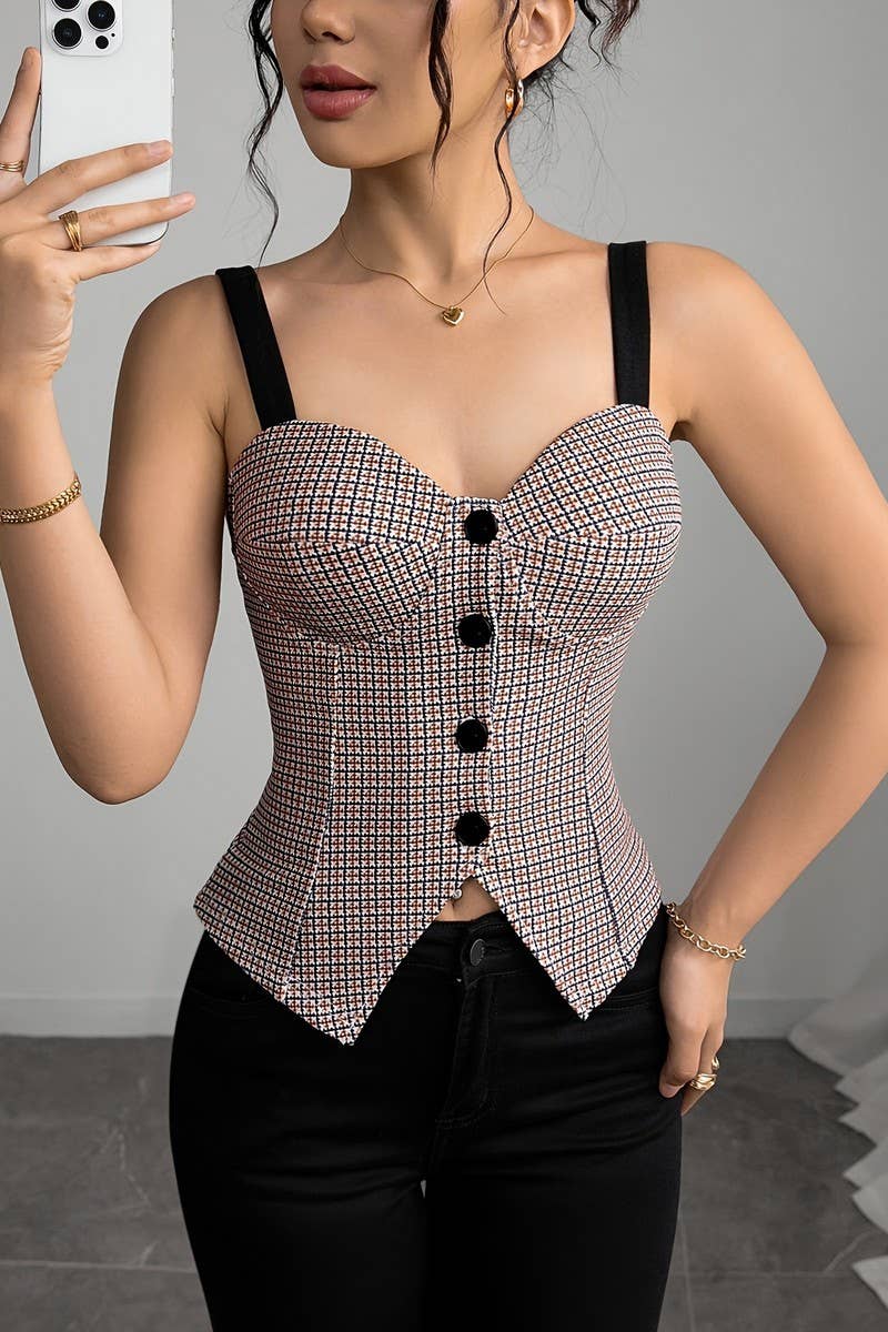 CWTTK1197_VINTAGE PLAID BUTTONED FITTED VEST TOP