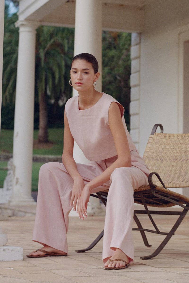 CWSTB1800_LINEN SLEEVELESS TOP & WIDE LEG PANTS SET