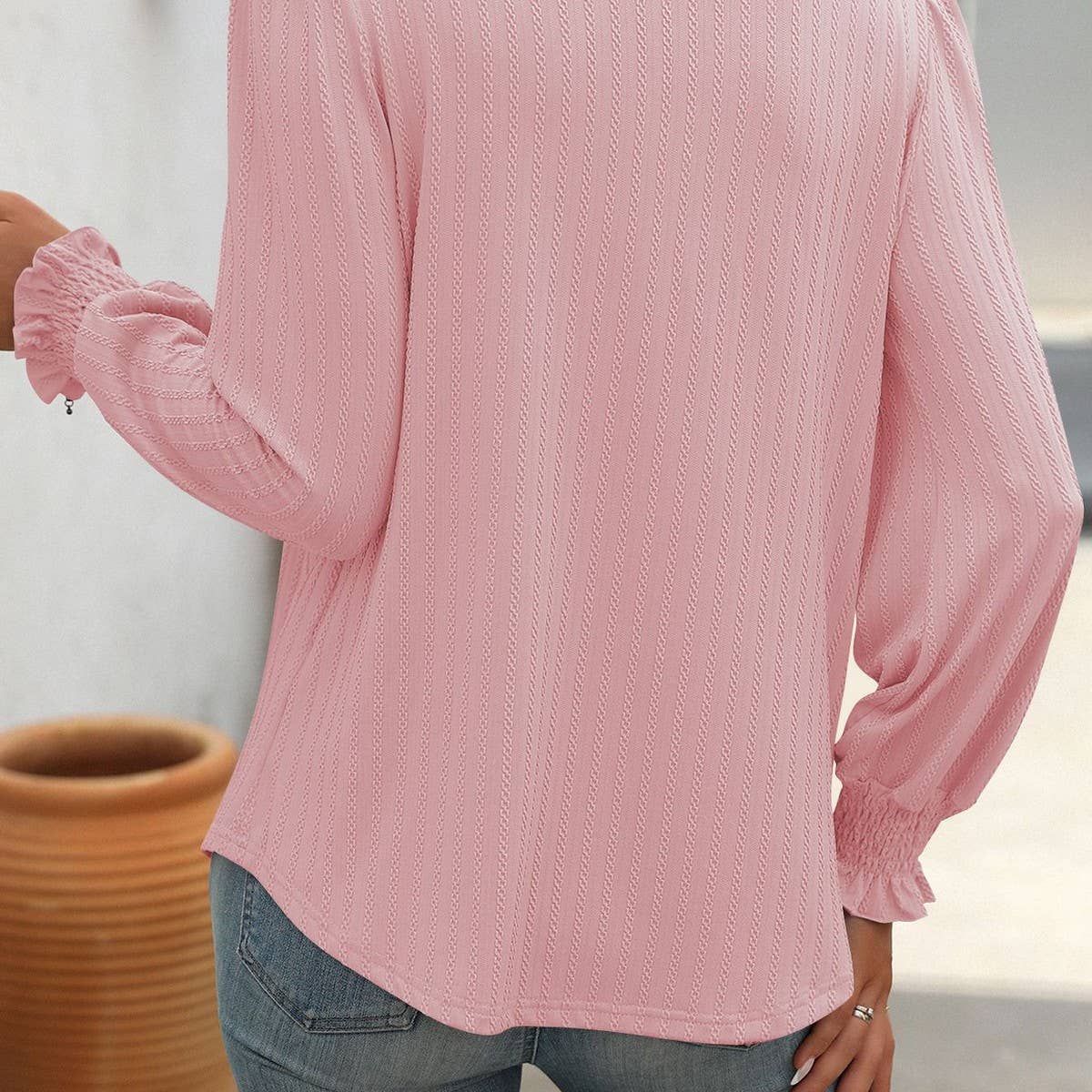 Casual square neck pleated long sleeve T-shirt