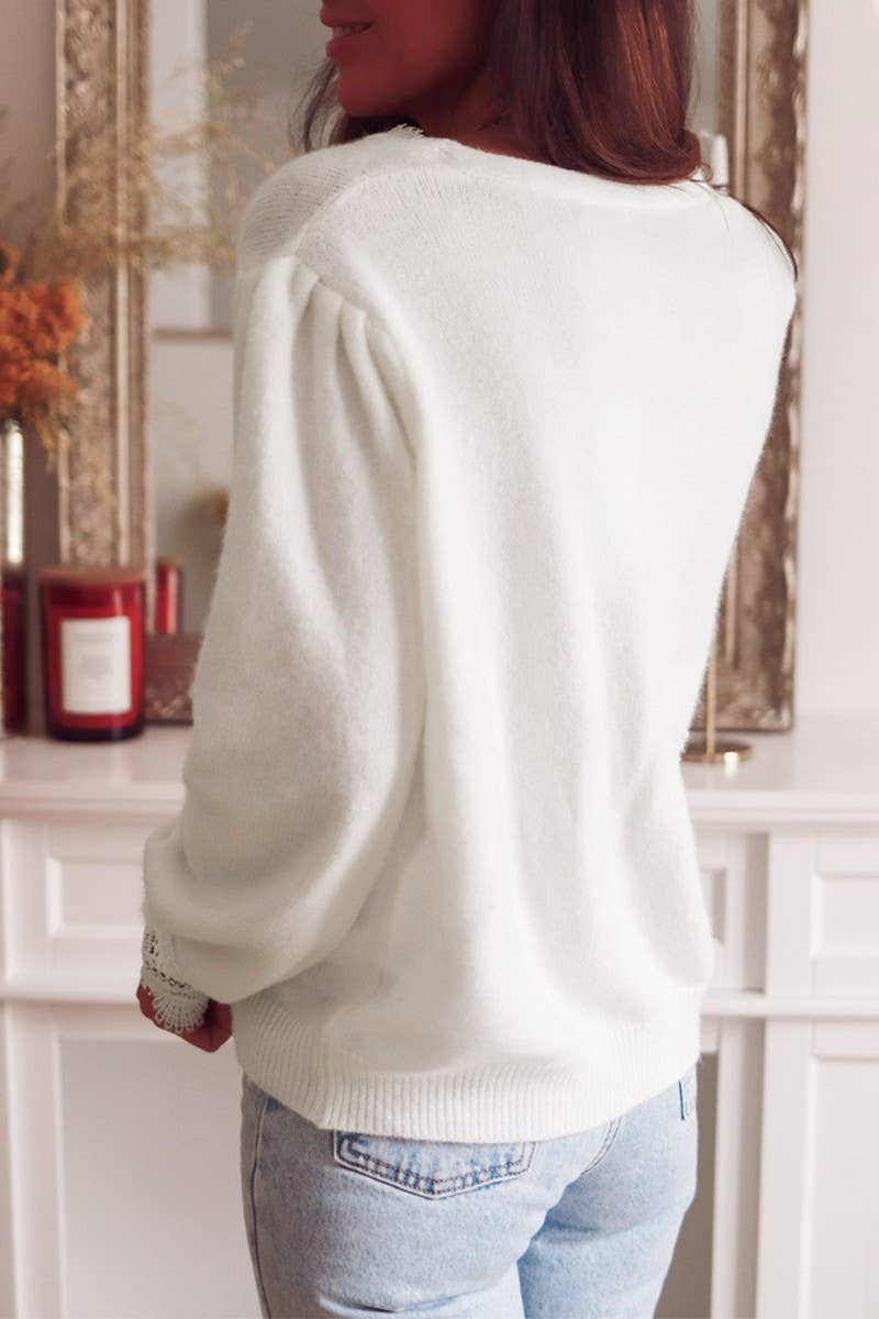 CWOCAL00713_V-NECK LACE PANEL LONG-SLEEVED SWEATER