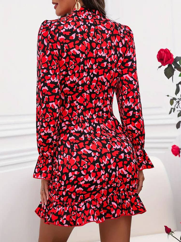 Elegant print pleated design long-sleeved dress