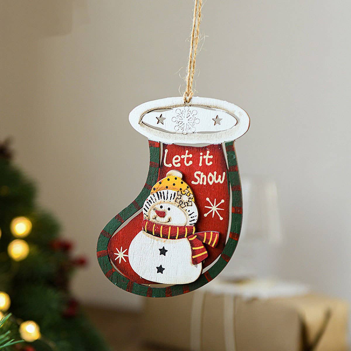 Rustic Wood Santa Snowman Xmas Tree Ornaments