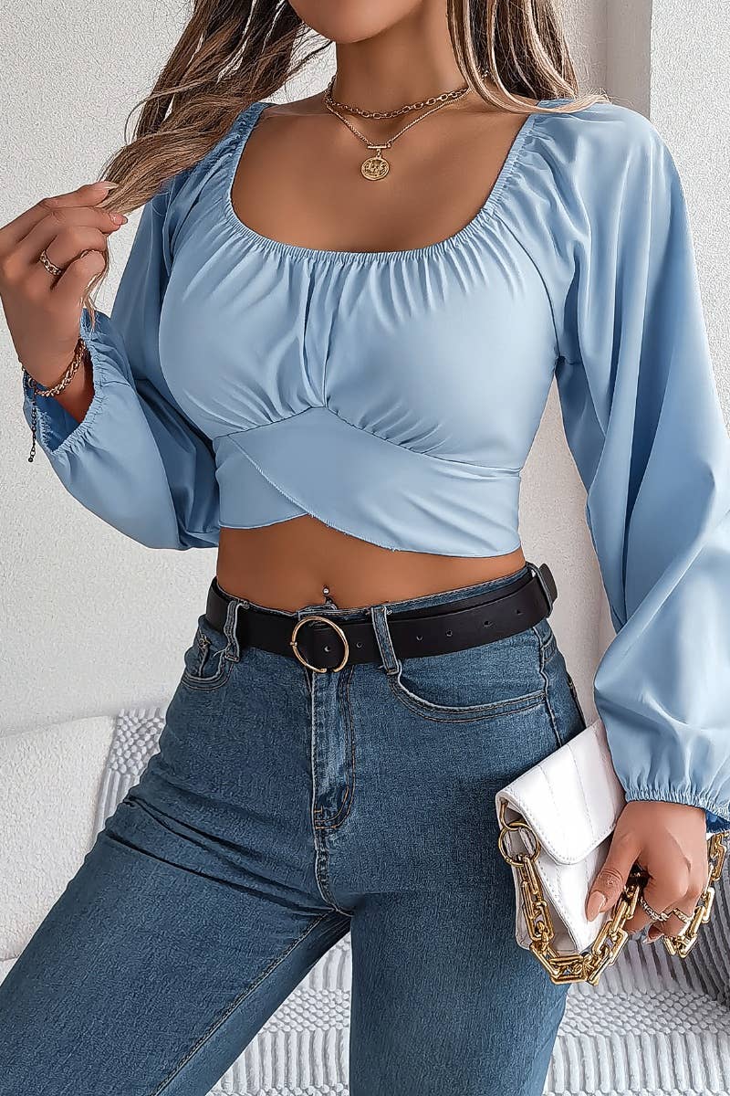 CWTBLL0940_SUMMER LANTERN SLEEVE CHIFFON WAIST CROP TOP