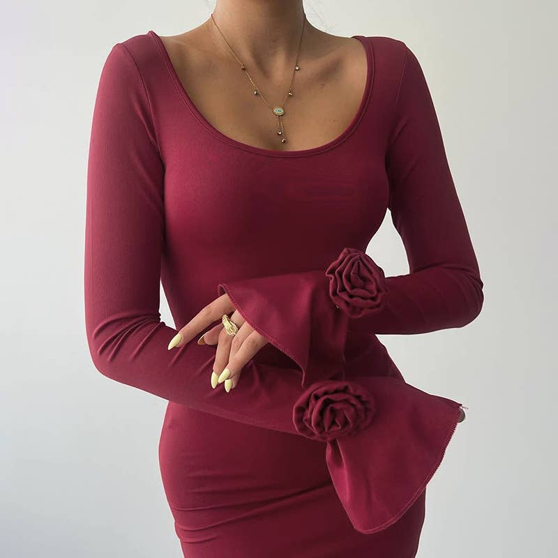 ELEGANT CREW-NECK ROSE LONG-SLEEVED DRESS