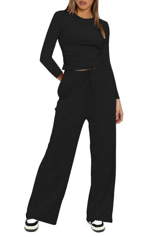 CWSTB2035_CASUAL RUCHED LONG SLEEVE TOP & PANTS SET