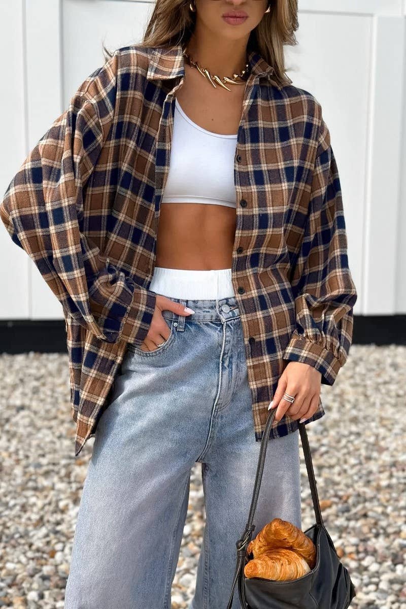 CWTBLL556_PLAID LOOSE CASUAL COMMUTER LONG-SLEEVED SHIRT