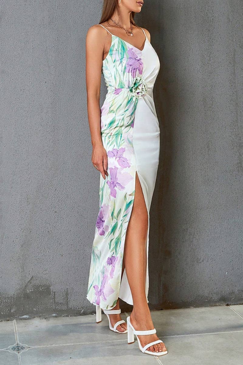 CWDHL0487_SUMMER FLOWER PRINT SPLIT HALTER DRESS LONG