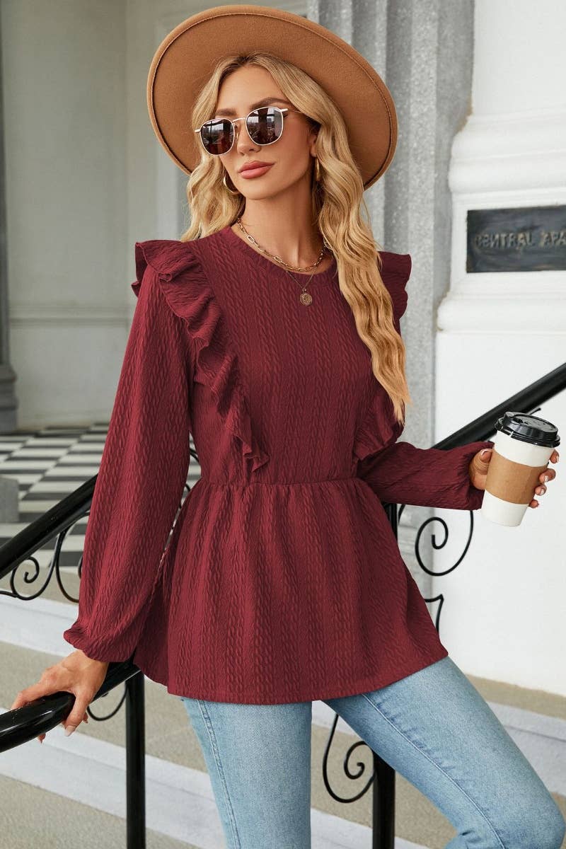 CWTBLL2827_AUTUMN LONG SLEEVE SOLID COLOR PLEATED TOP