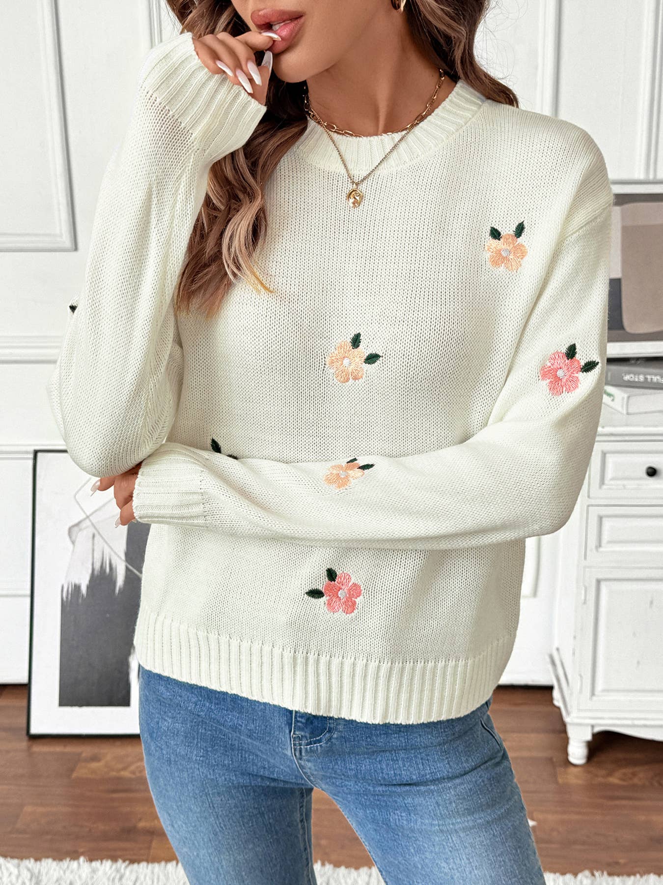 Flower-embroidered round-neck pullover sweater