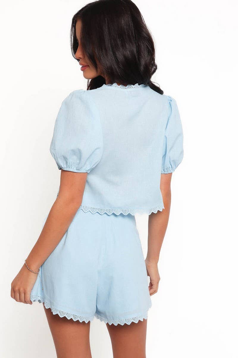 CWSS1223_V-NECK BOW TIE PUFF SLEEVE TOP & SHORTS SET