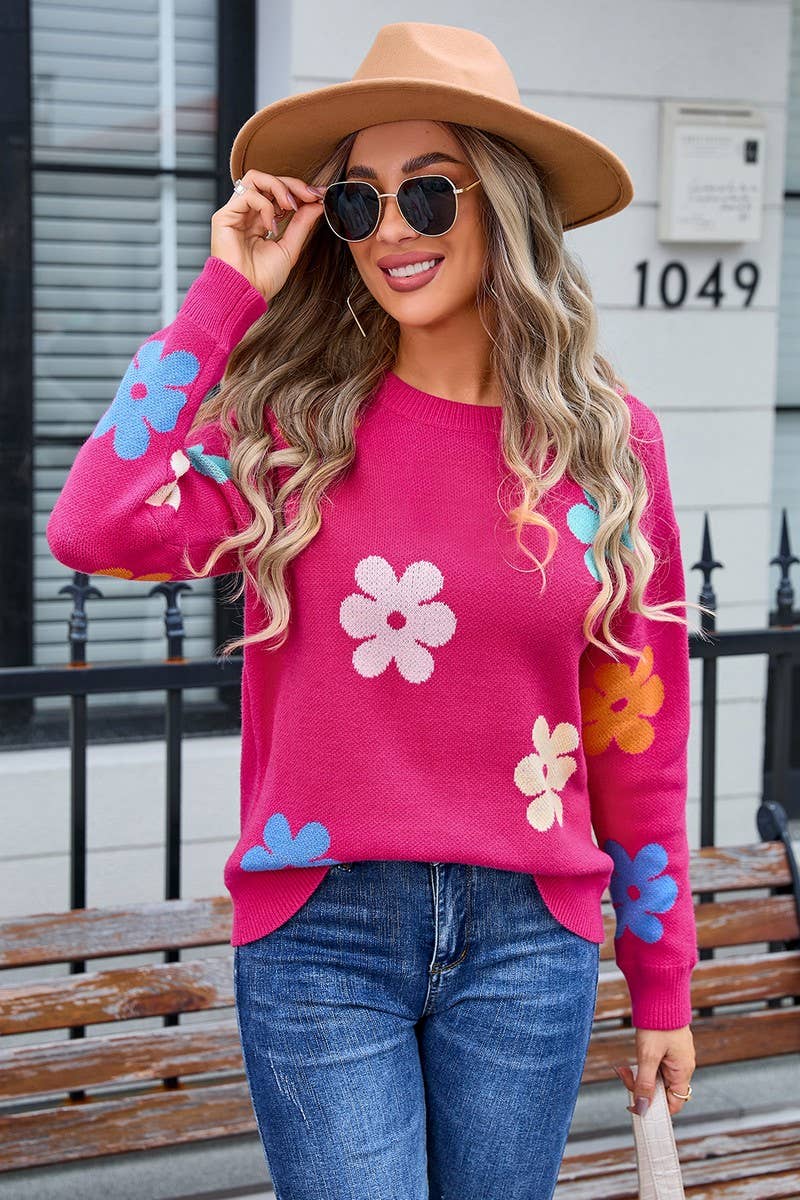 CWOSWL3074_FLORAL COLORBLOCK CASUAL CREWNECK SWEATER