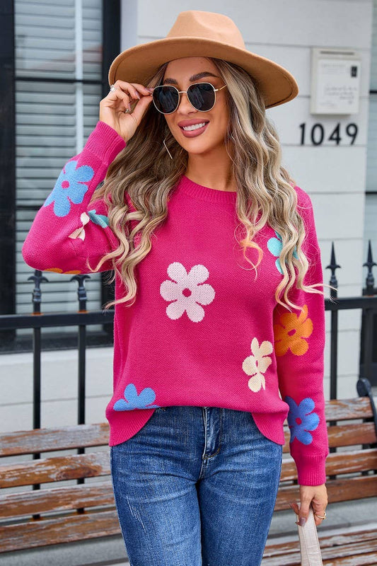 CWOSWL3074_FLORAL COLORBLOCK CASUAL CREWNECK SWEATER