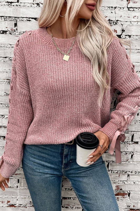 CWOSWL2908_SOLID COLOR BOW PULLOVER KNITTED SWEATER