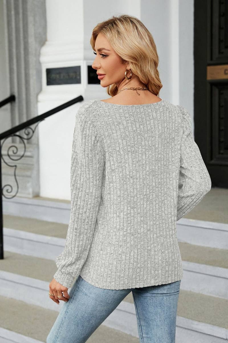 CWOSWL6538_SOLID COLOR SQUARE COLLAR LONG-SLEEVED SWEATER